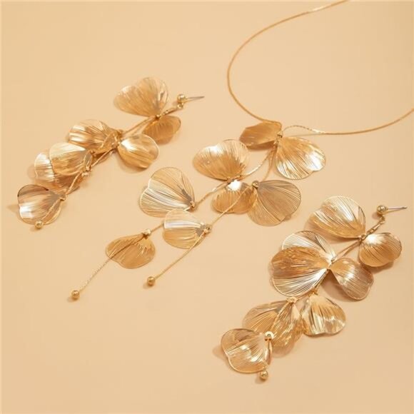 Statement Gold Leaf Choker Necklace Earrings Set Trendy Boho Ginkgo Leaves - Picture 6 of 7